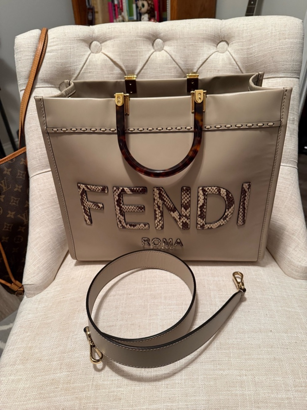 Fendi Taupe Leather Tote with Tortoiseshell Handles